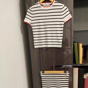 Zara Knit Black Striped Red Scalloped Hem Mini Skirt and Short Sleeves Top.